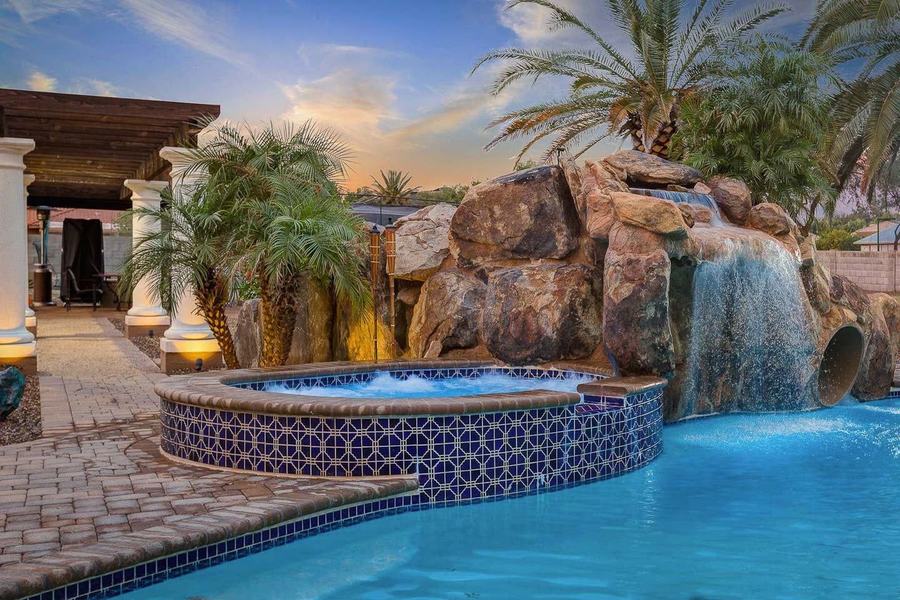 Spa at Night with Waterfall & Ambient Lighting