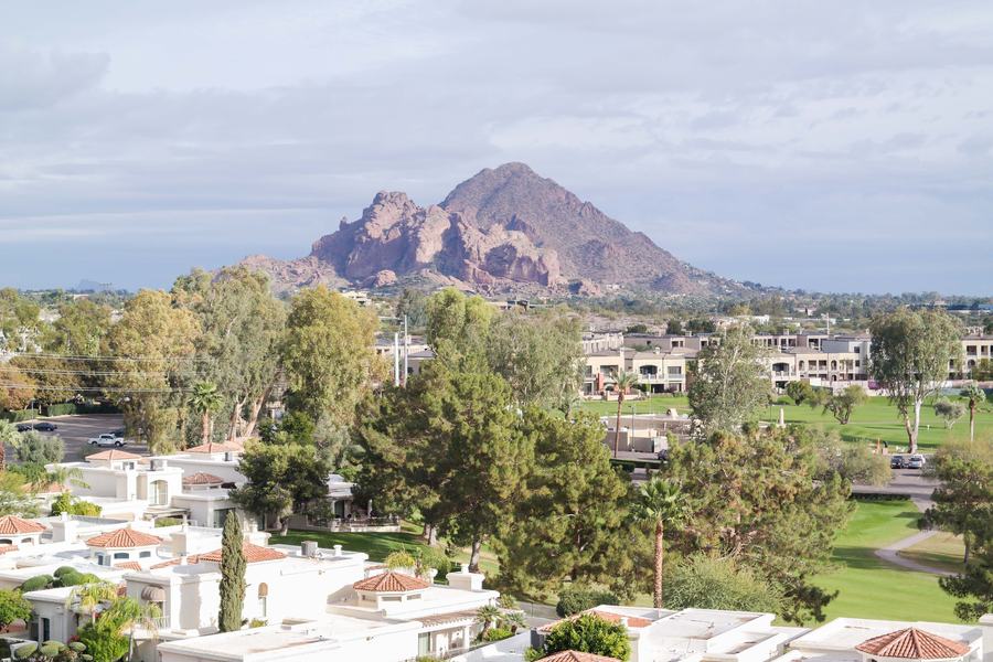 Luxury Scottsdale vacation villa with private pool and modern desert architecture at sunset