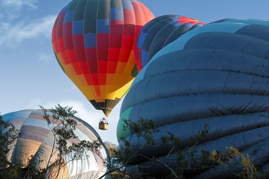 Hot air balloons lifting off at dawn over the desert at the Arizona Balloon Classic near Scottsdale