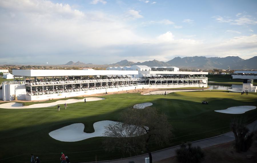 Packed grandstands surrounding the 16th hole at TPC Scottsdale during the Waste Management Phoenix Open