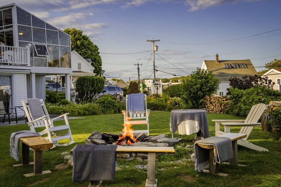 Fire pit on the lawn above the harbor
