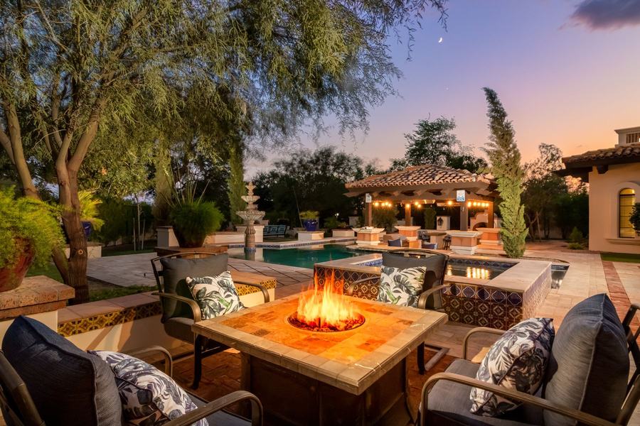 Fire Pit, Pool & Water Features at Night
